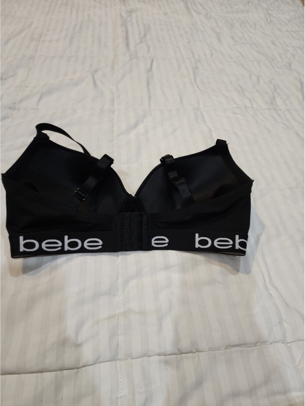 Bebe Black Lace Push-up Bra white Logo Band 34DD RN#93010